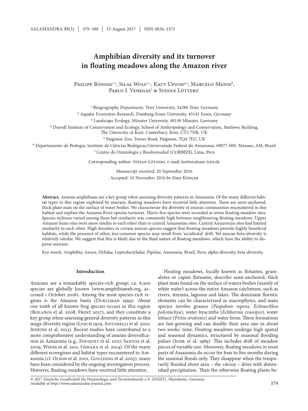 Amphibian Diversity and Its Turnover in Floating Meadows Along the Amazon River