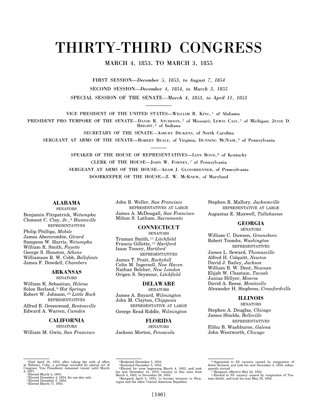 Thirty-Third Congress March 4, 1853, to March 3, 1855