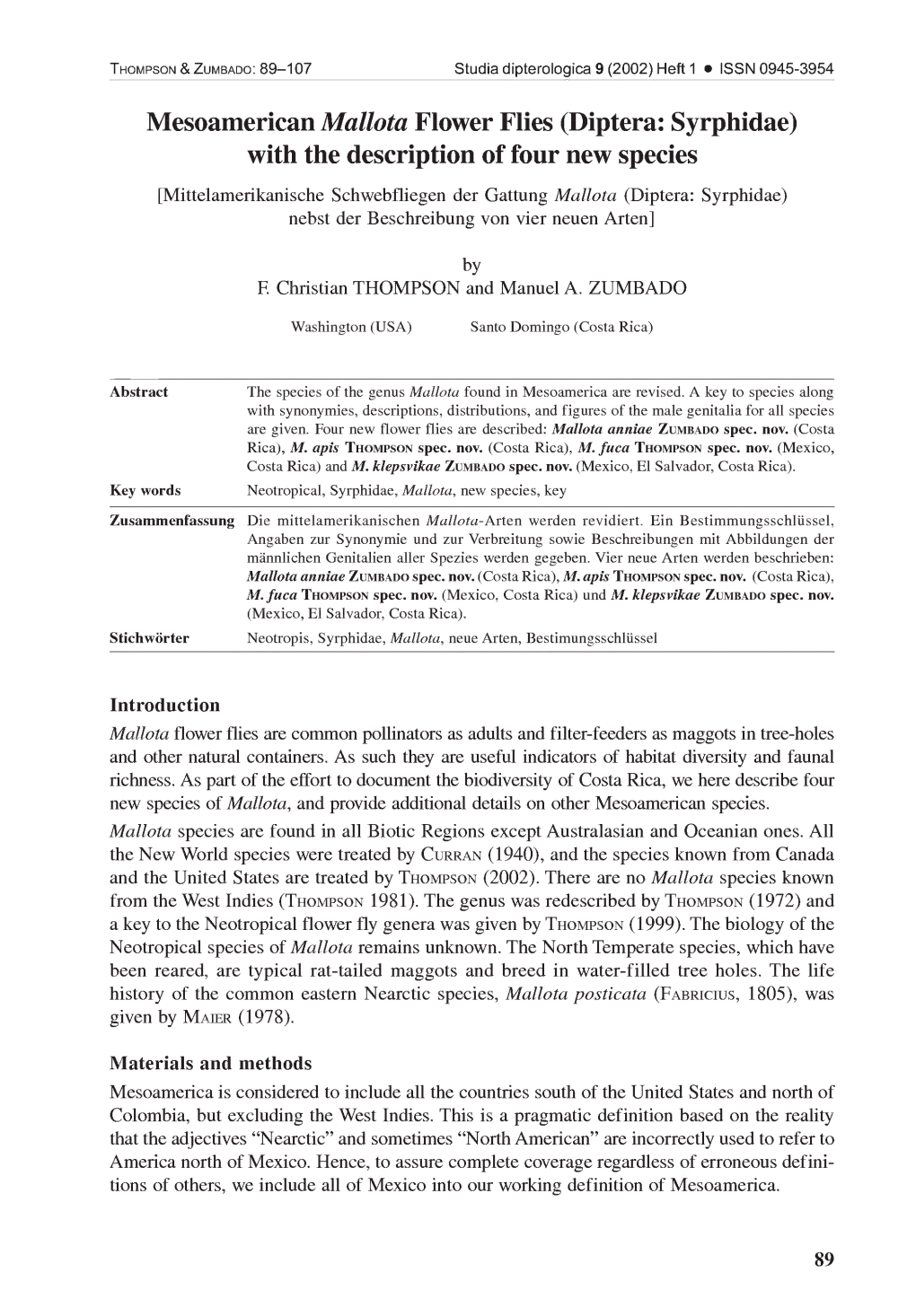 Mesoamerican Mallota Flower Flies (Diptera: Syrphidae) with the Description of Four New Species