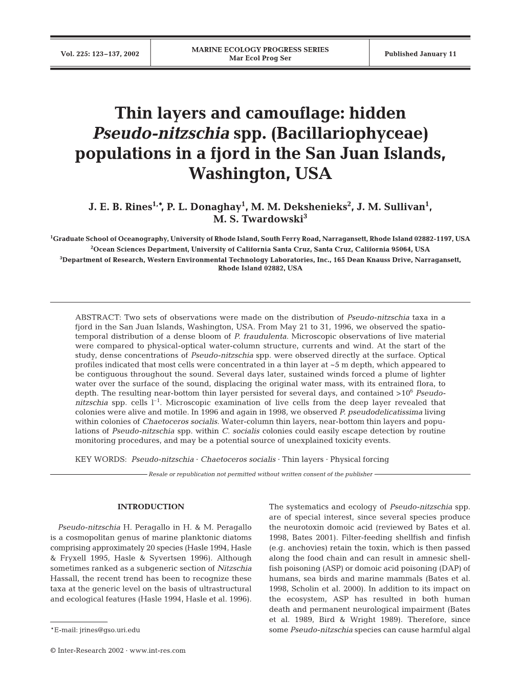 Thin Layers and Camouflage: Hidden Pseudo-Nitzschia Spp.(Bacillariophyceae) Populations in a Fjord in the San Juan Islands, Washington