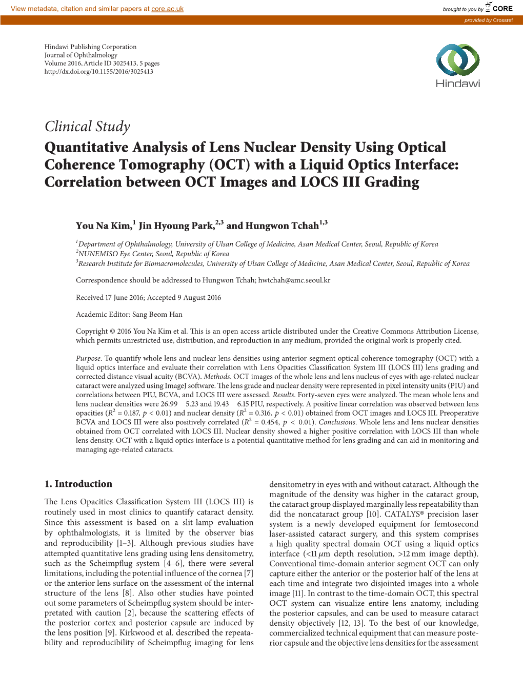 Clinical Study Quantitative Analysis of Lens Nuclear Density Using Optical Coherence Tomography