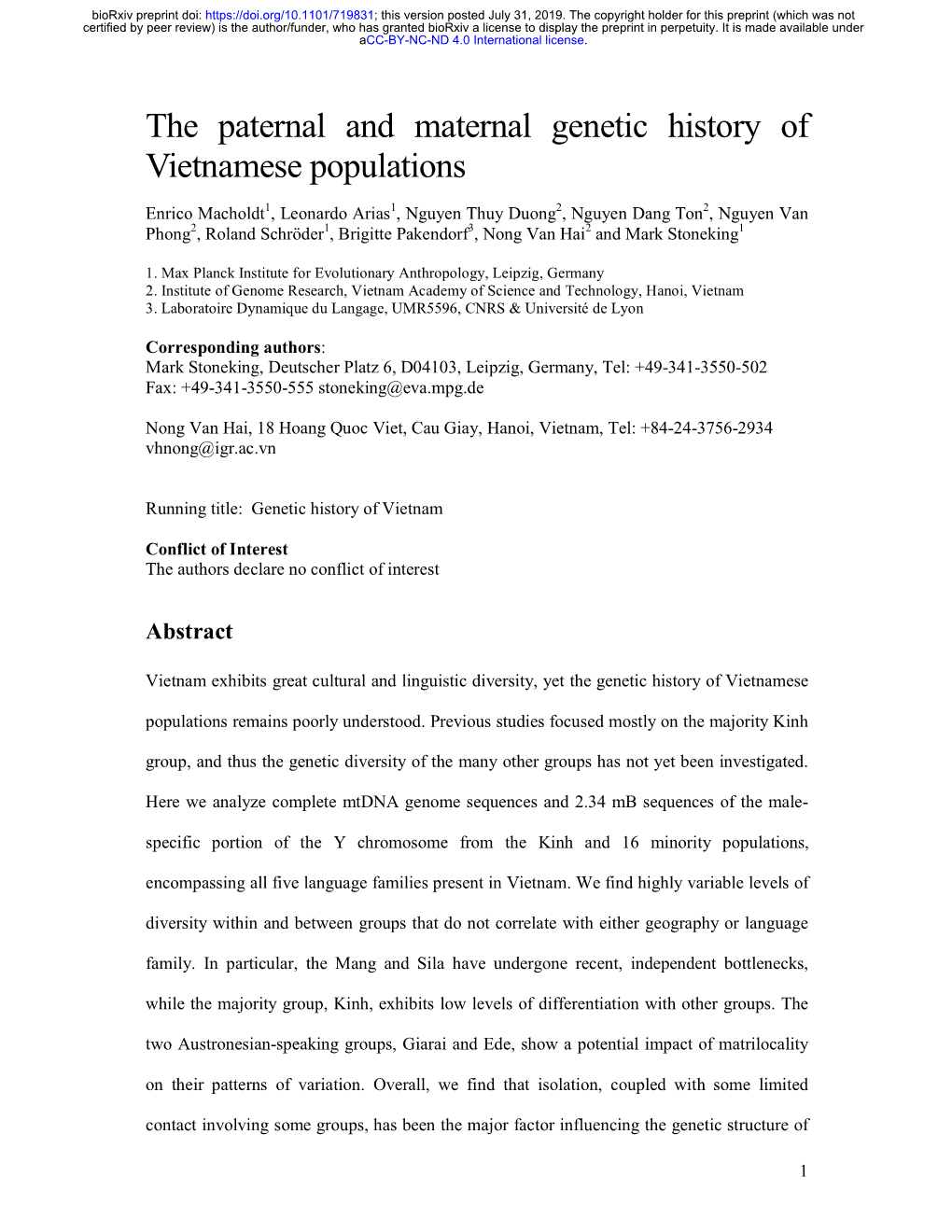 The Paternal and Maternal Genetic History of Vietnamese Populations