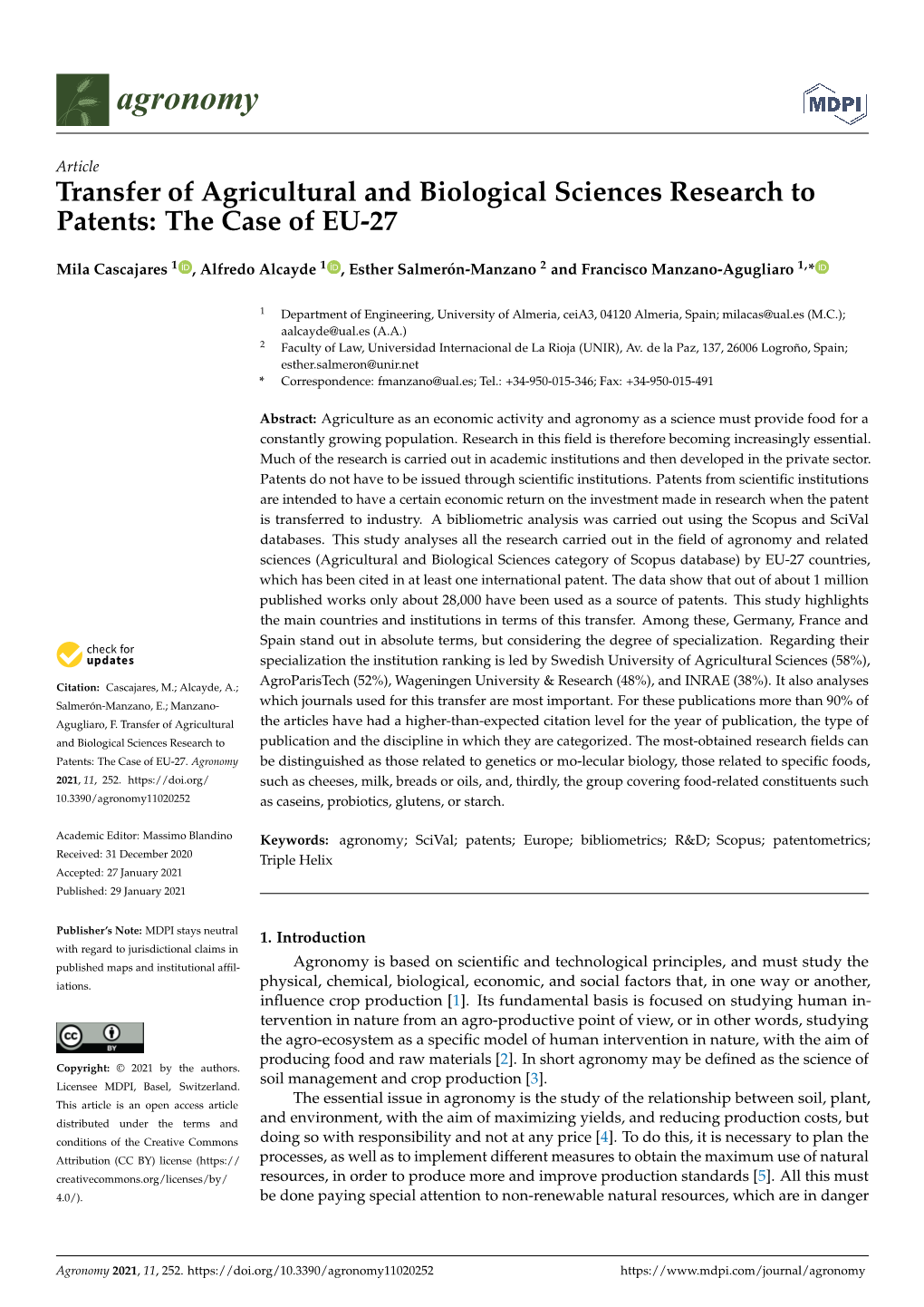 Transfer of Agricultural and Biological Sciences Research to Patents: the Case of EU-27