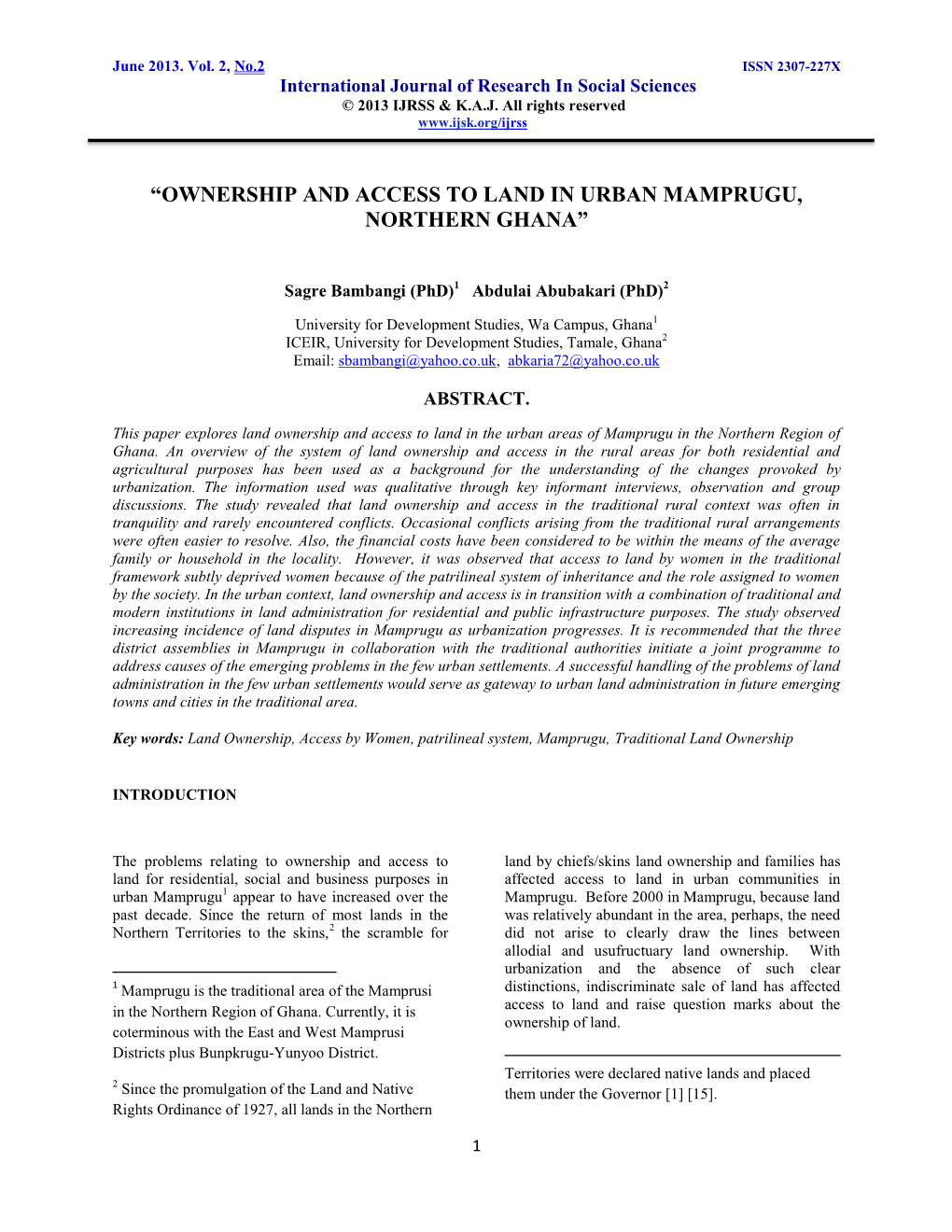 “Ownership and Access to Land in Urban Mamprugu, Northern Ghana”