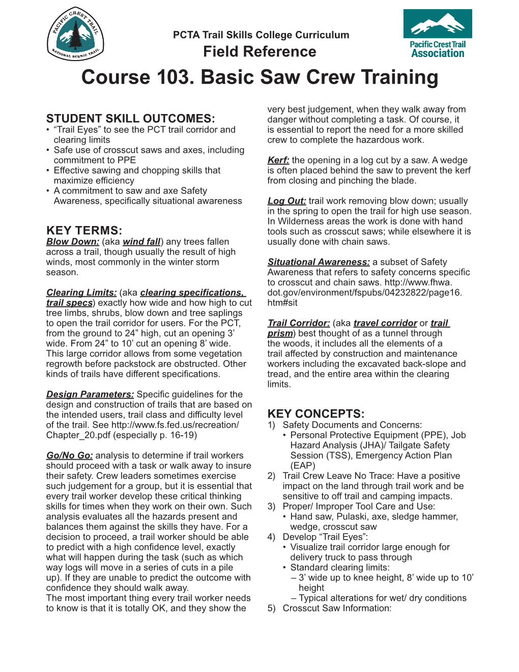 Course 103. Basic Saw Crew Training