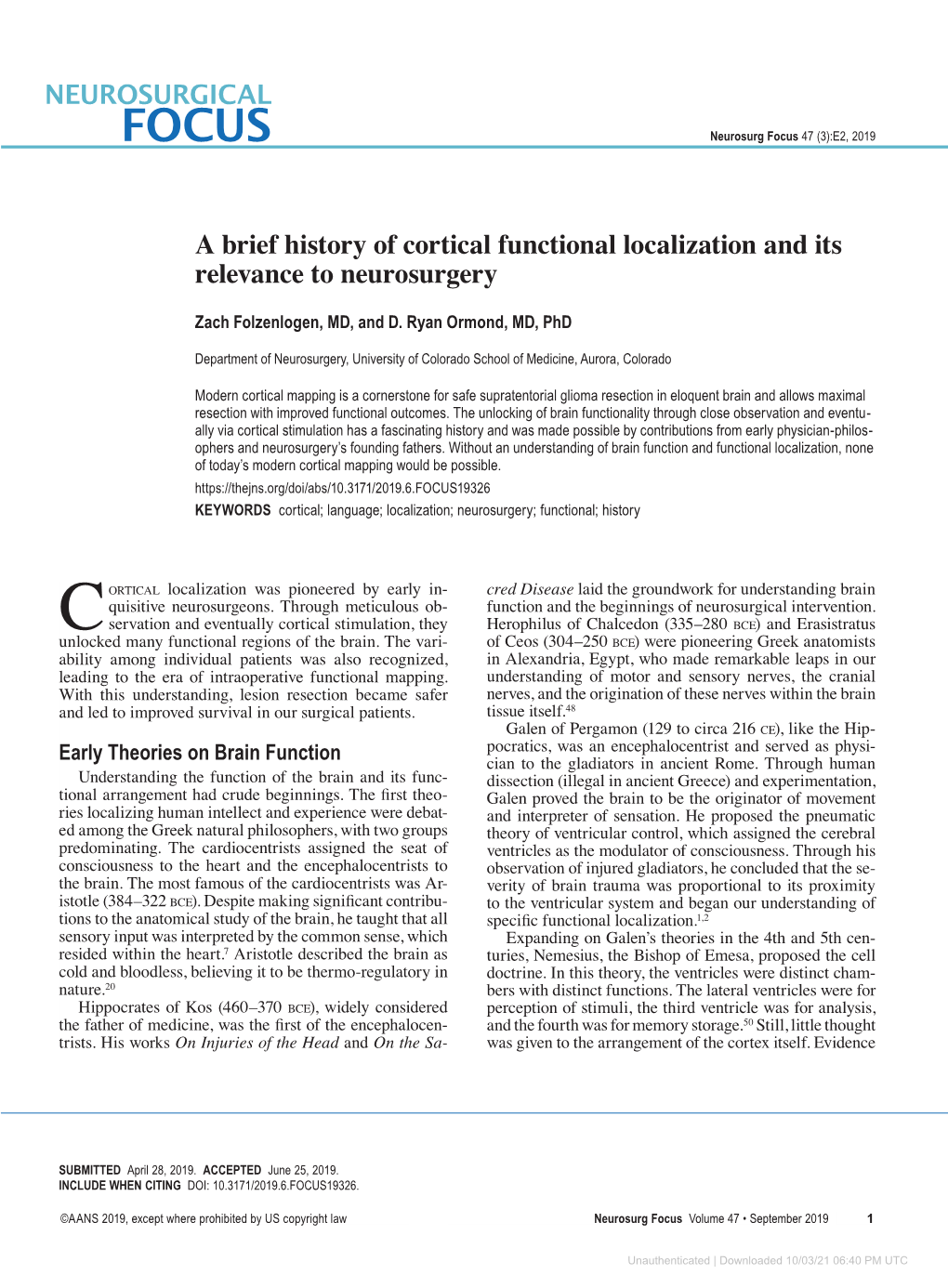 A Brief History of Cortical Functional Localization and Its Relevance to Neurosurgery