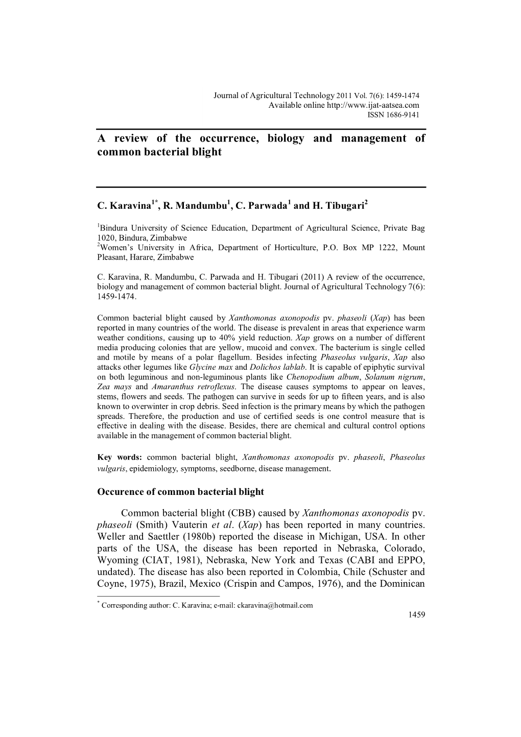 A Review of the Occurrence, Biology and Management of Common Bacterial Blight