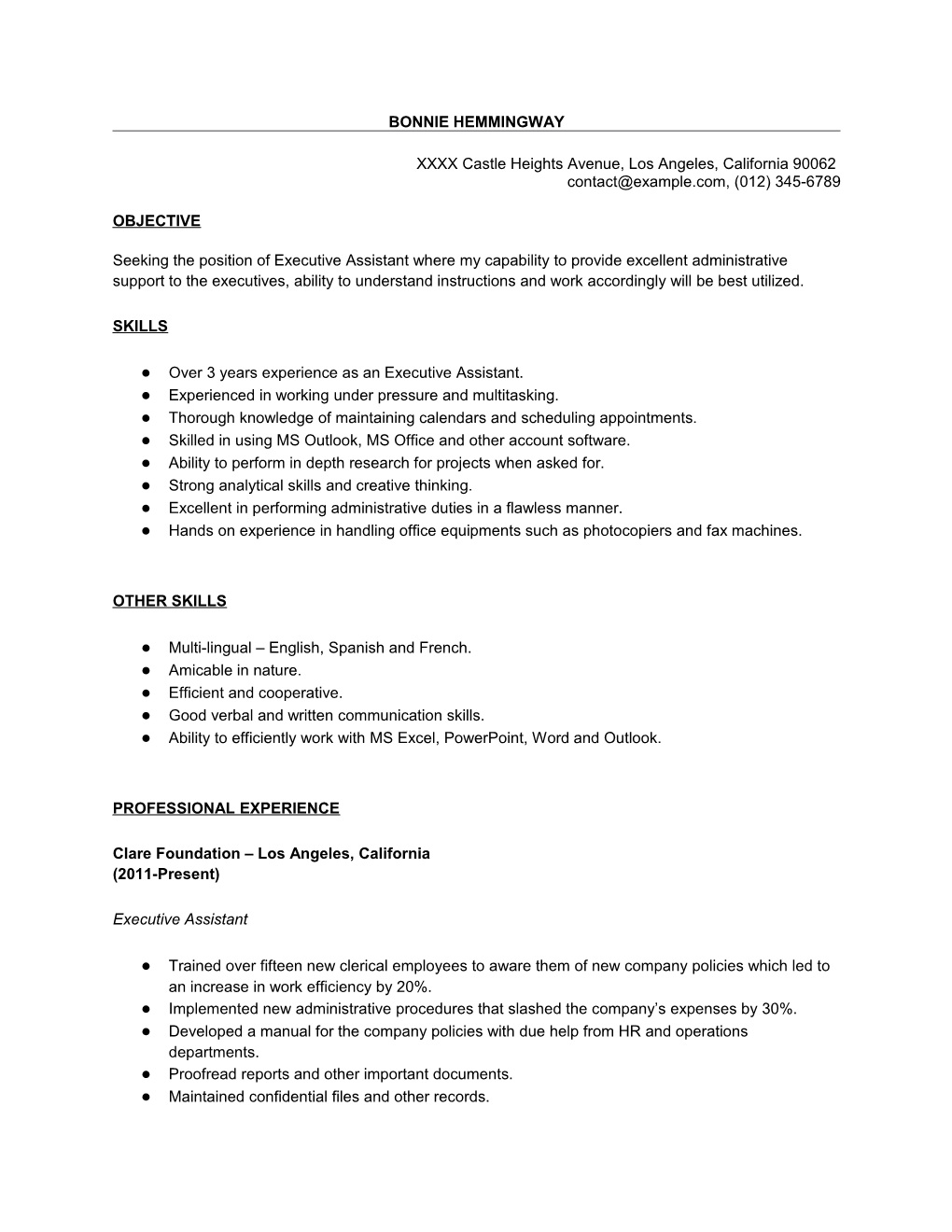 Sample Executive Assistant Resume