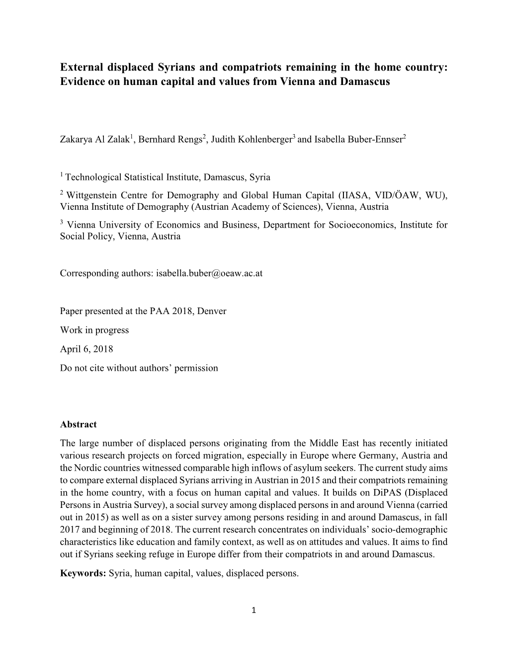 External Displaced Syrians and Compatriots Remaining in the Home Country: Evidence on Human Capital and Values from Vienna and Damascus