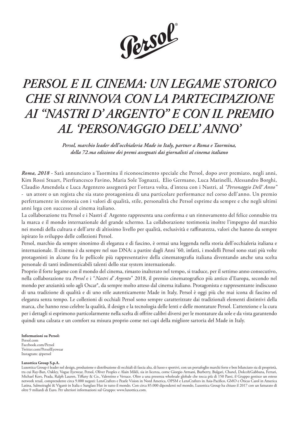 Persol E Il Cinema: Un Legame Storico Che Si Rinnova Con La Partecipazione Ai “Nastri D’ Argento” E Con Il Premio Al ‘Personaggio Dell’ Anno’