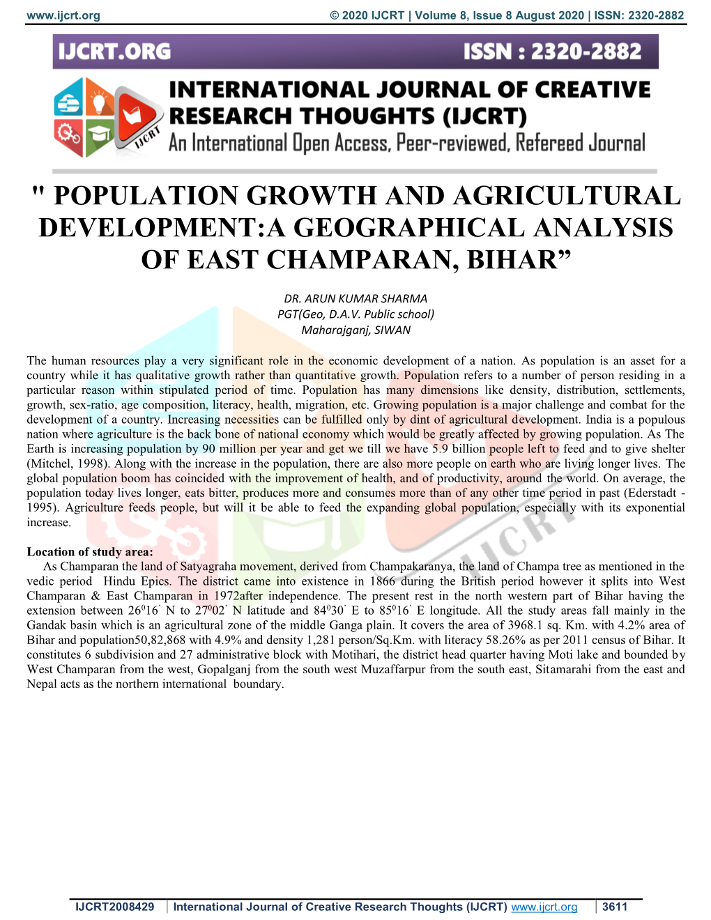 Population Growth and Agricultural Development:A Geographical Analysis of East Champaran, Bihar”