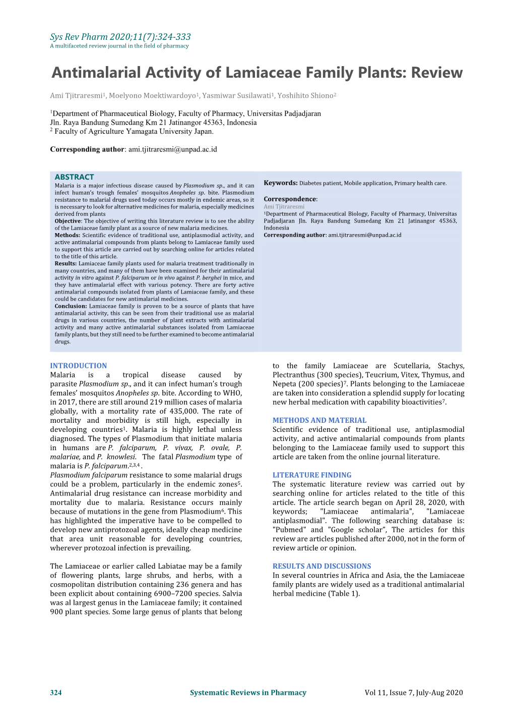 Antimalarial Activity of Lamiaceae Family Plants: Review