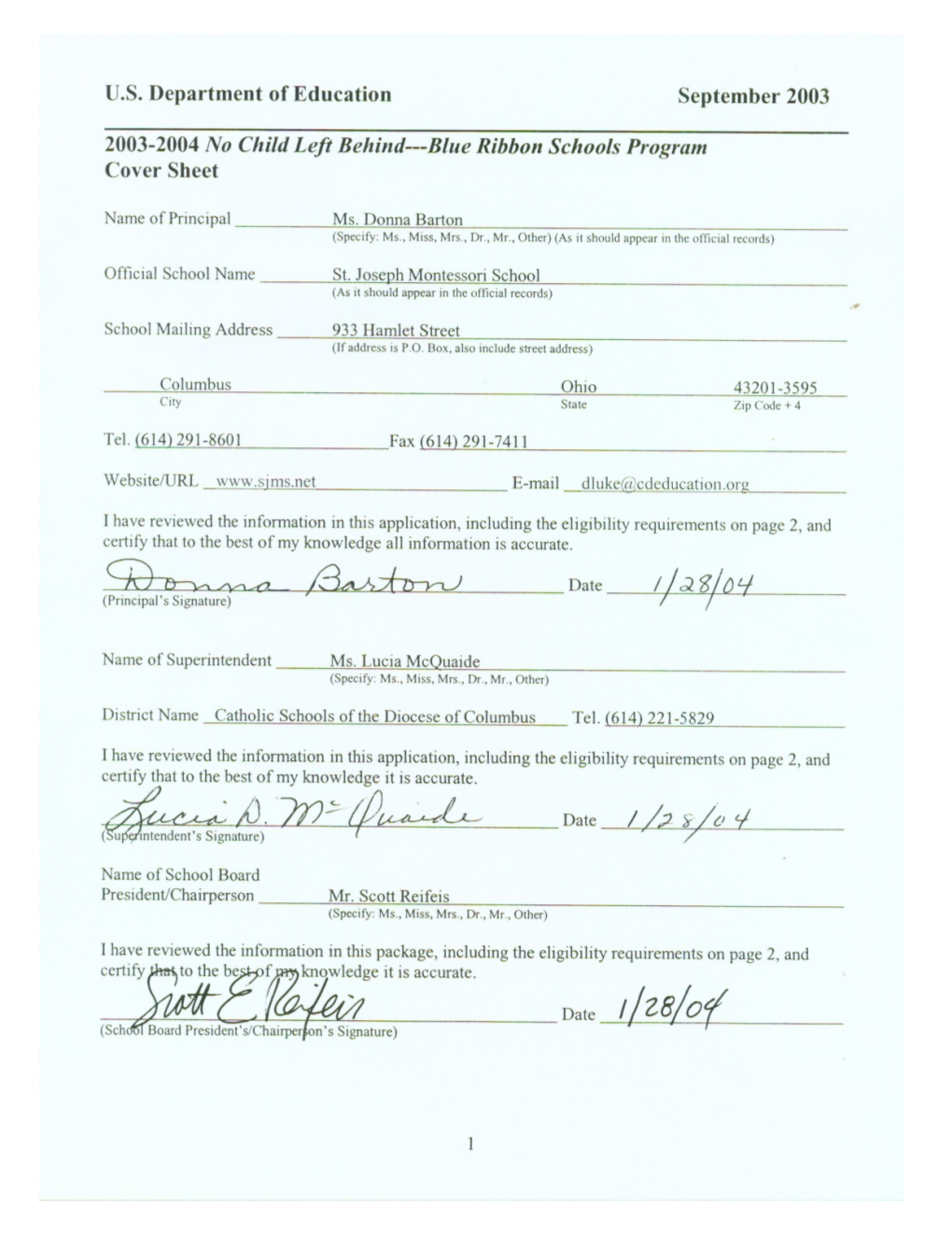 St. Joseph Montessori School 2004 No Child Left Behind-Blue Ribbon School Application (Msword)