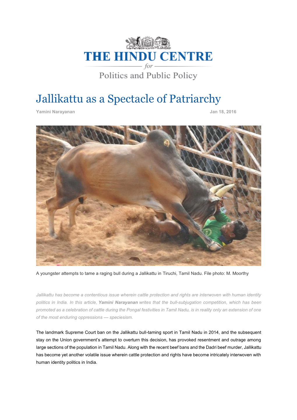 Jallikattu As a Spectacle of Patriarchy