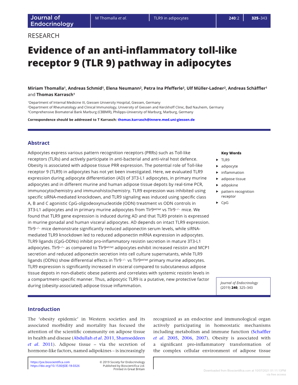 Evidence of an Anti-Inflammatory Toll-Like Receptor 9 (TLR 9) Pathway in Adipocytes