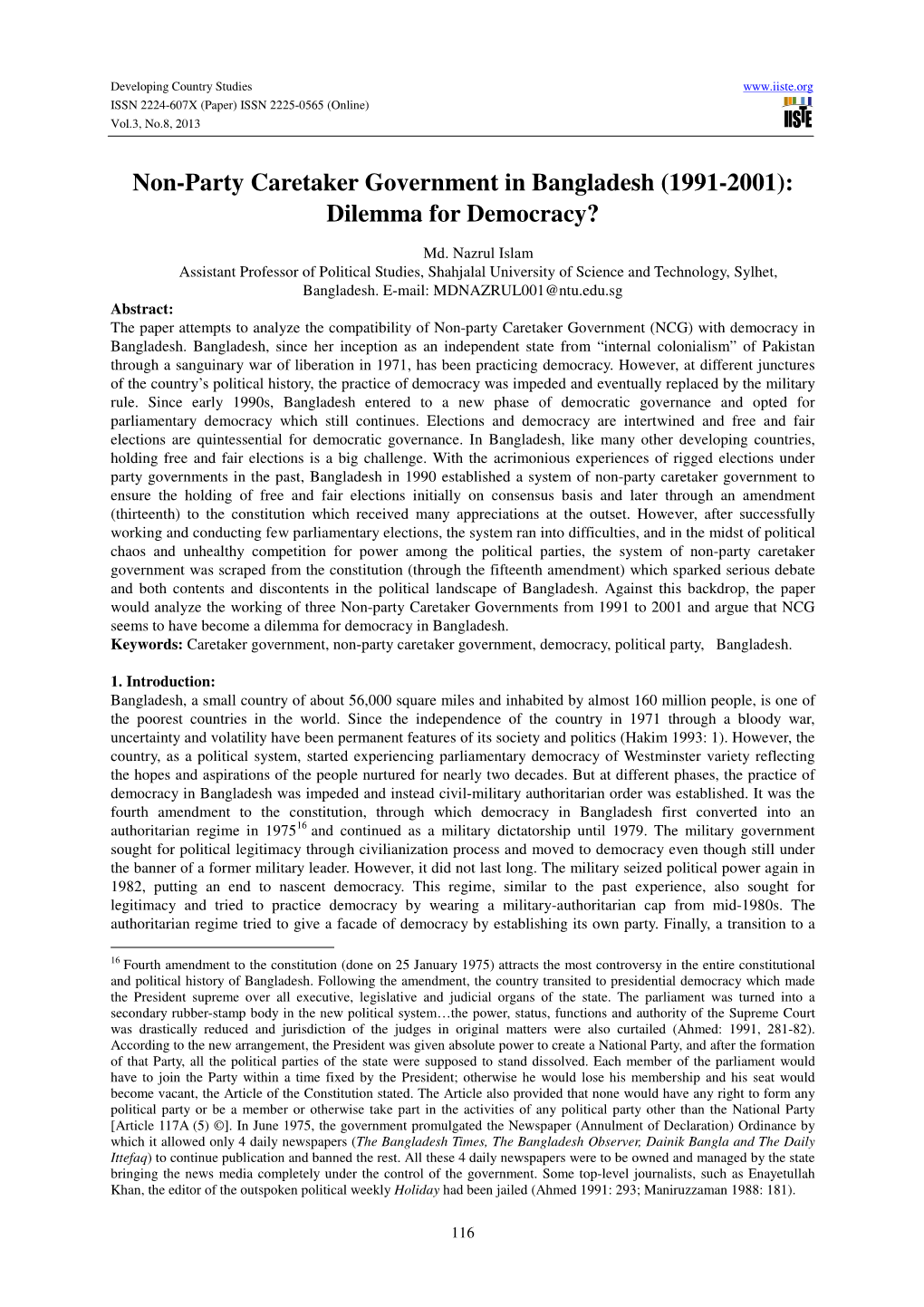 Non-Party Caretaker Government in Bangladesh (1991-2001): Dilemma for Democracy?