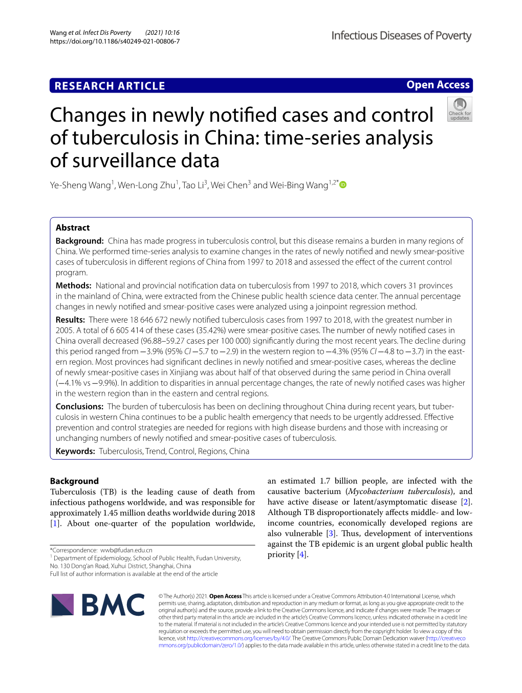 Changes in Newly Notified Cases and Control of Tuberculosis in China