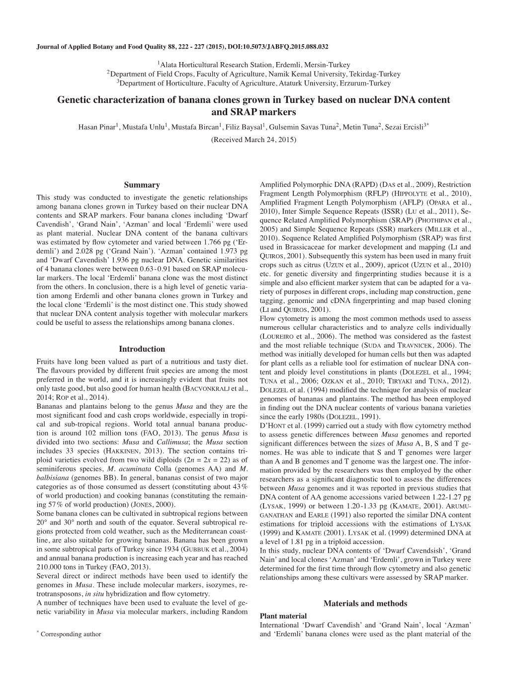 Genetic Characterization of Banana Clones Grown in Turkey Based On