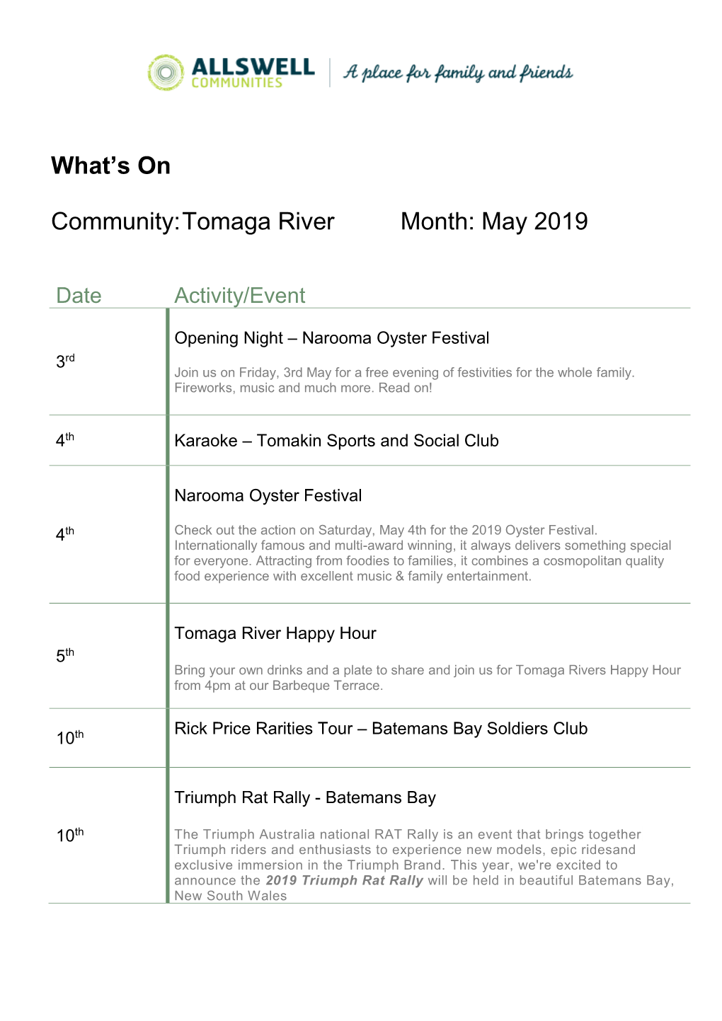 What's on Community: Tomaga River Month: May 2019