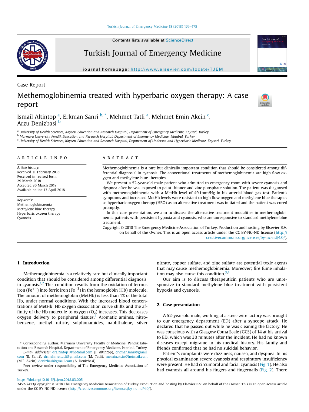 Methemoglobinemia Treated with Hyperbaric Oxygen Therapy: a Case Report