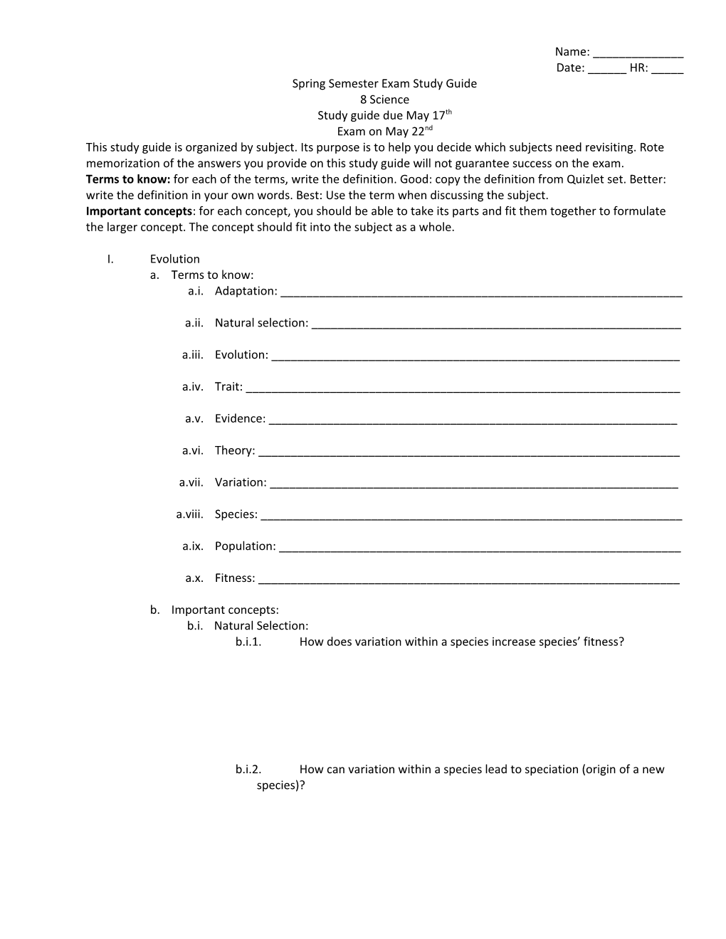 Spring Semester Exam Study Guide s1