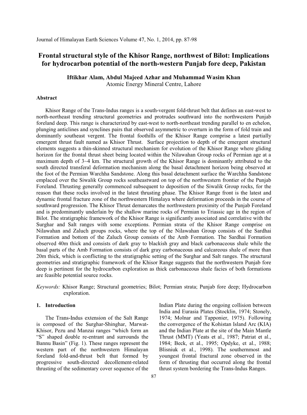 Frontal Structural Style of the Khisor Range, Northwest of Bilot: Implications for Hydrocarbon Potential of the North-Western Punjab Fore Deep, Pakistan