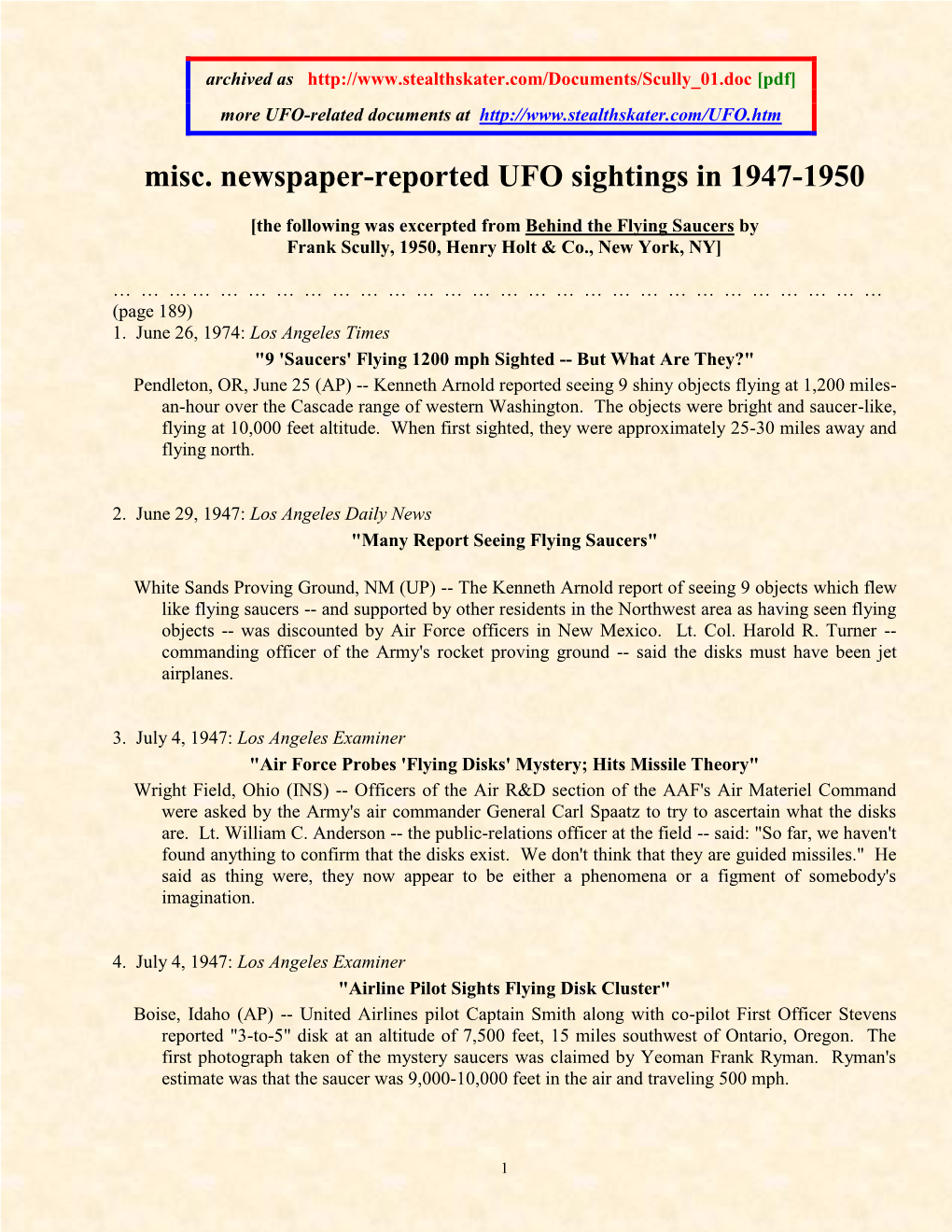 Misc. Newspaper-Reported UFO Sightings in 1947-1950