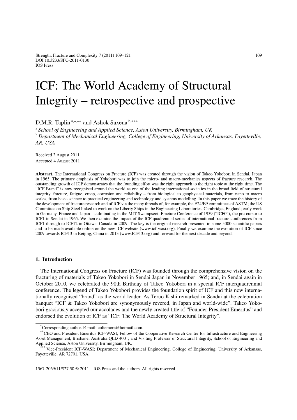 ICF: the World Academy of Structural Integrity – Retrospective and Prospective