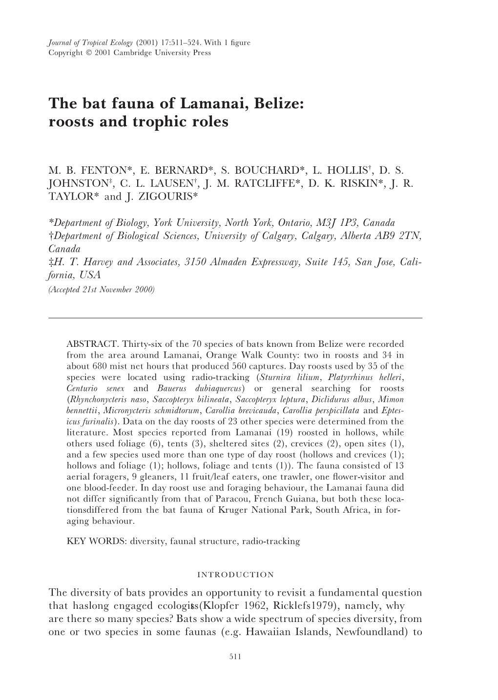 The Bat Fauna of Lamanai, Belize: Roosts and Trophic Roles