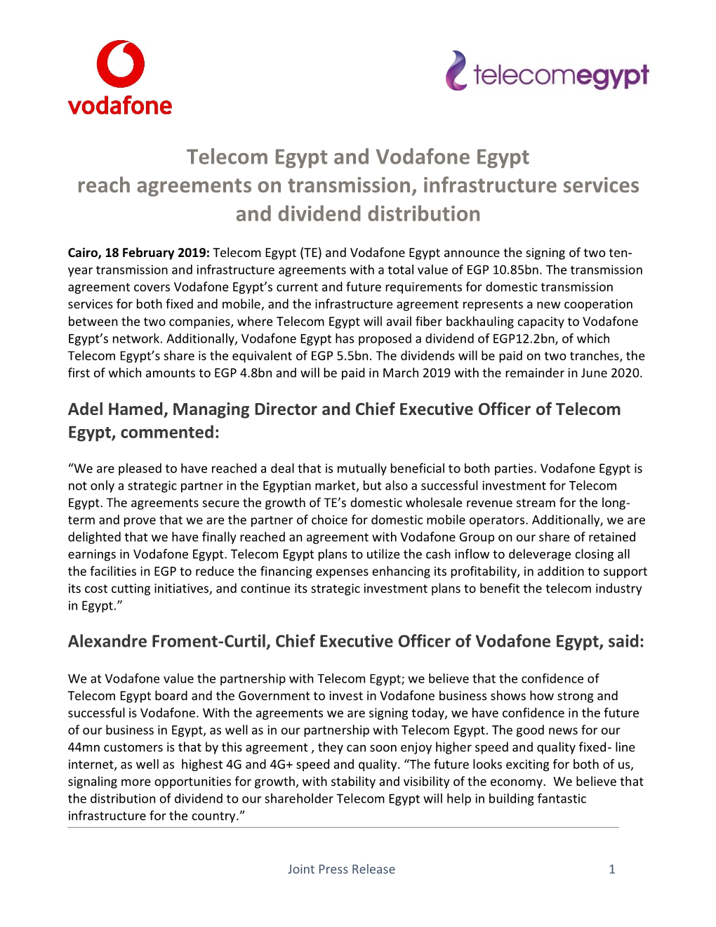 Telecom Egypt and Vodafone Egypt Reach Agreements on Transmission, Infrastructure Services and Dividend Distribution