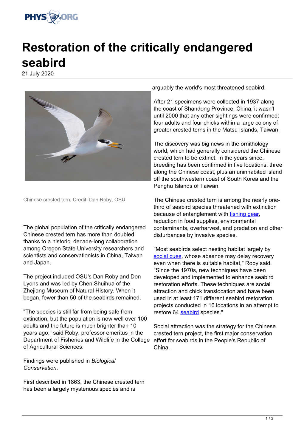 Restoration of the Critically Endangered Seabird 21 July 2020