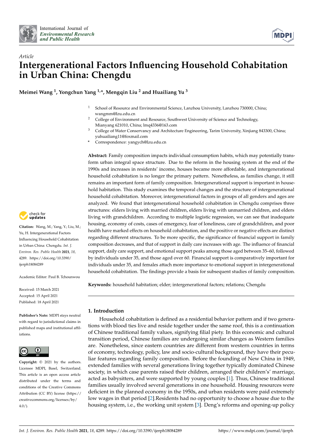 Intergenerational Factors Influencing Household Cohabitation In