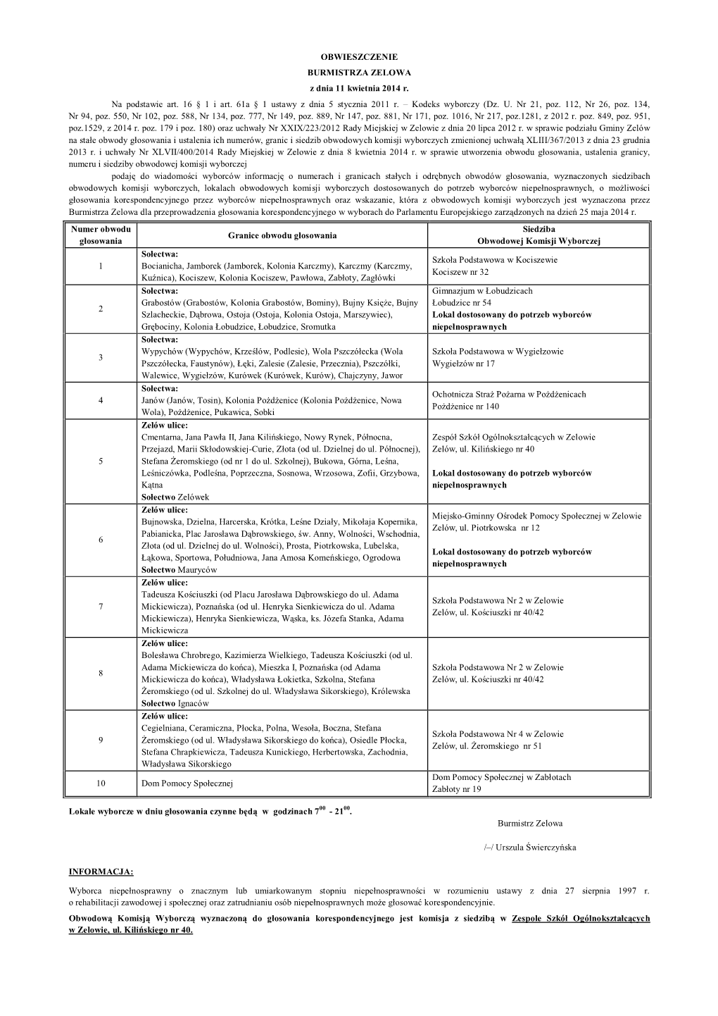 OBWIESZCZENIE BURMISTRZA ZELOWA Z Dnia 11 Kwietnia 2014 R