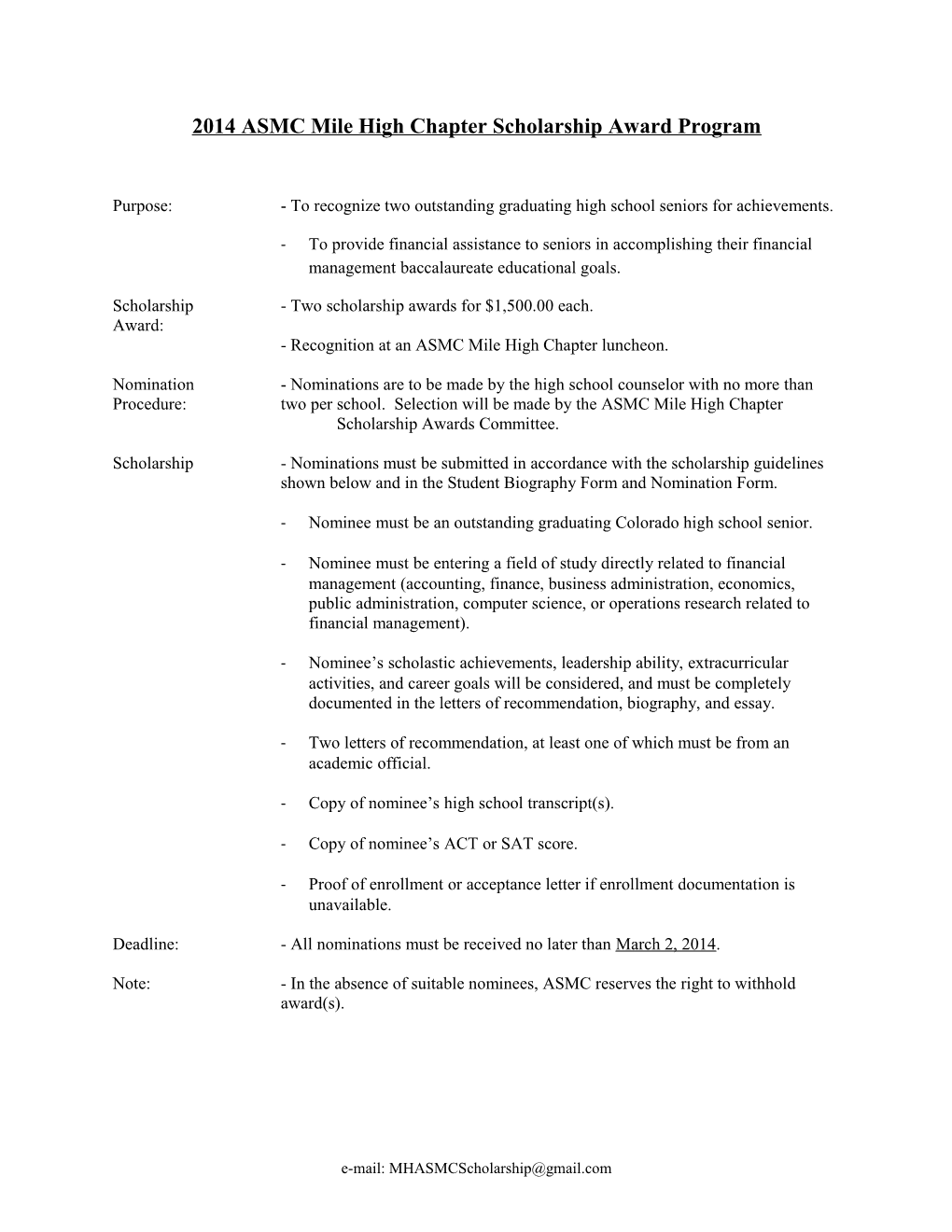 2014 ASMC Mile High Chapter Scholarship Award Program