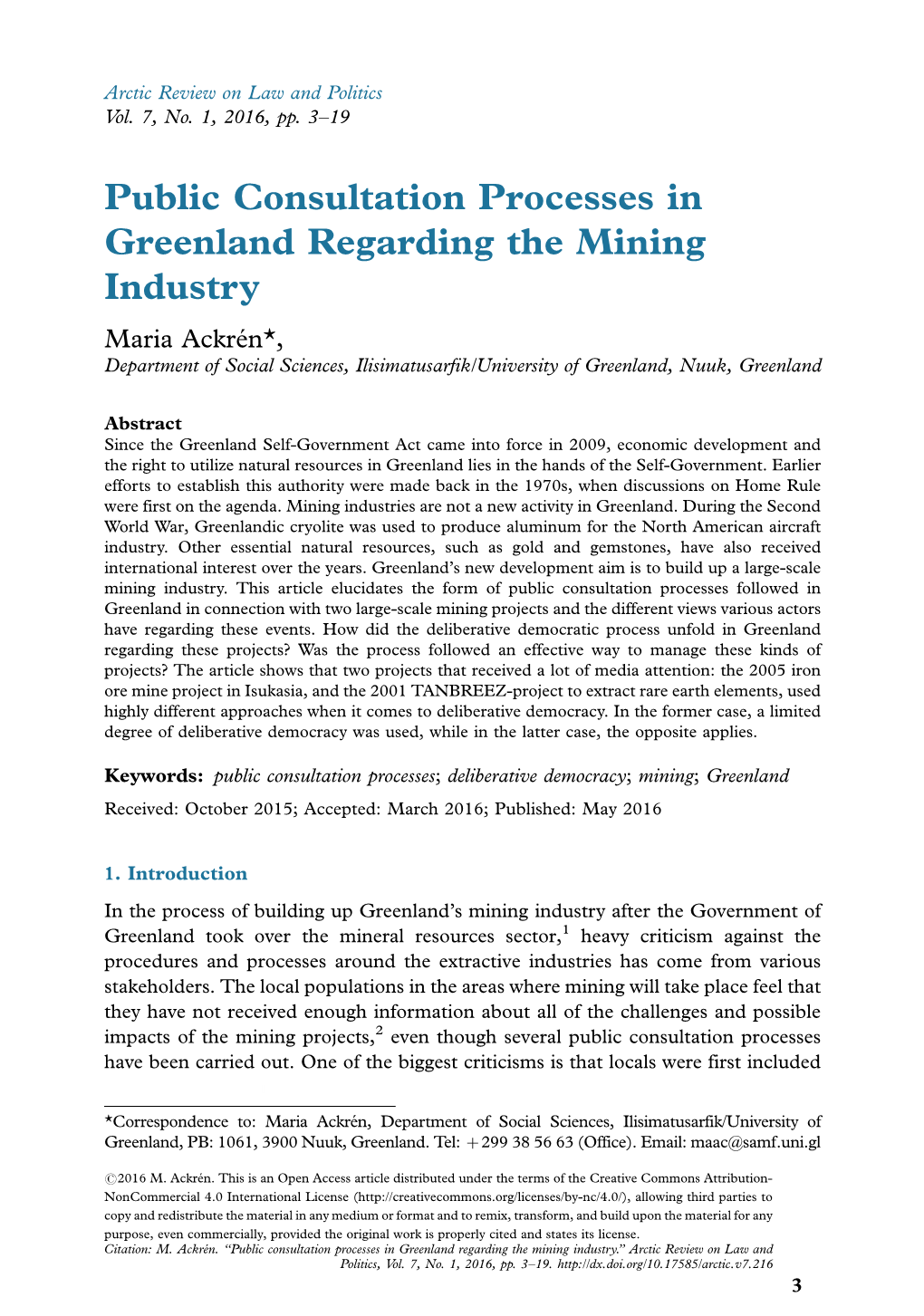 Public Consultation Processes in Greenland Regarding the Mining