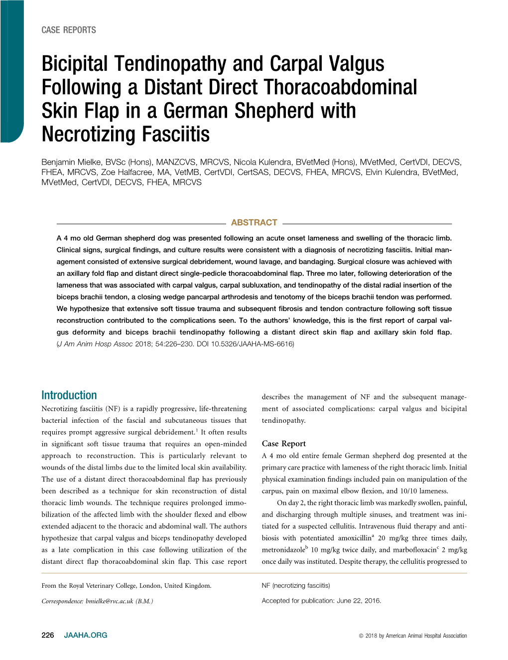 Bicipital Tendinopathy and Carpal Valgus Following a Distant Direct Thoracoabdominal Skin Flap in a German Shepherd with Necrotizing Fasciitis