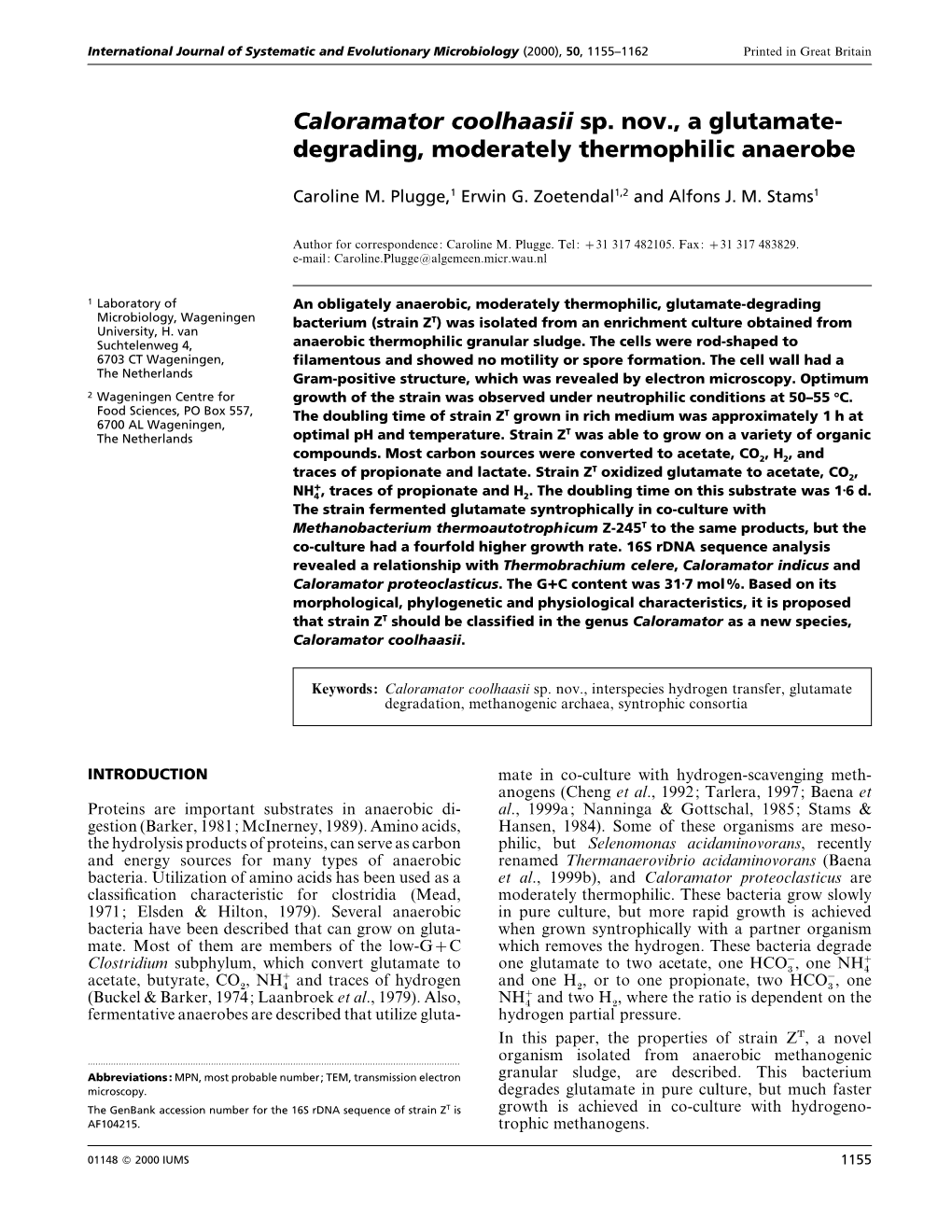 Caloramator Coolhaasii Sp. Nov., a Glutamate- Degrading, Moderately Thermophilic Anaerobe