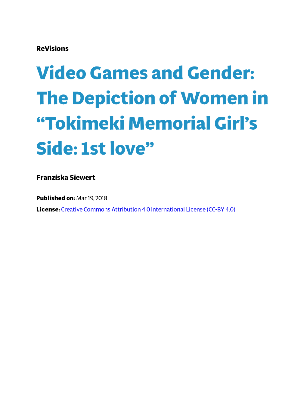 Video Games and Gender: the Depiction of Women in “Tokimeki Memorial Girl’S Side: 1St Love”