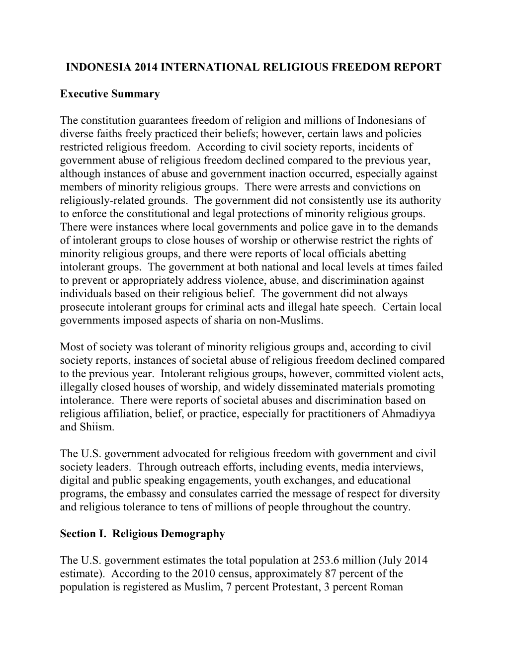 Indonesia 2014 International Religious Freedom Report