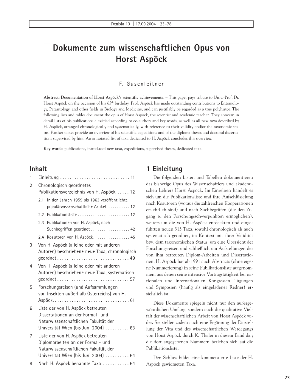 Dokumente Zum Wissenschaftlichen Opus Von Horst Aspöck