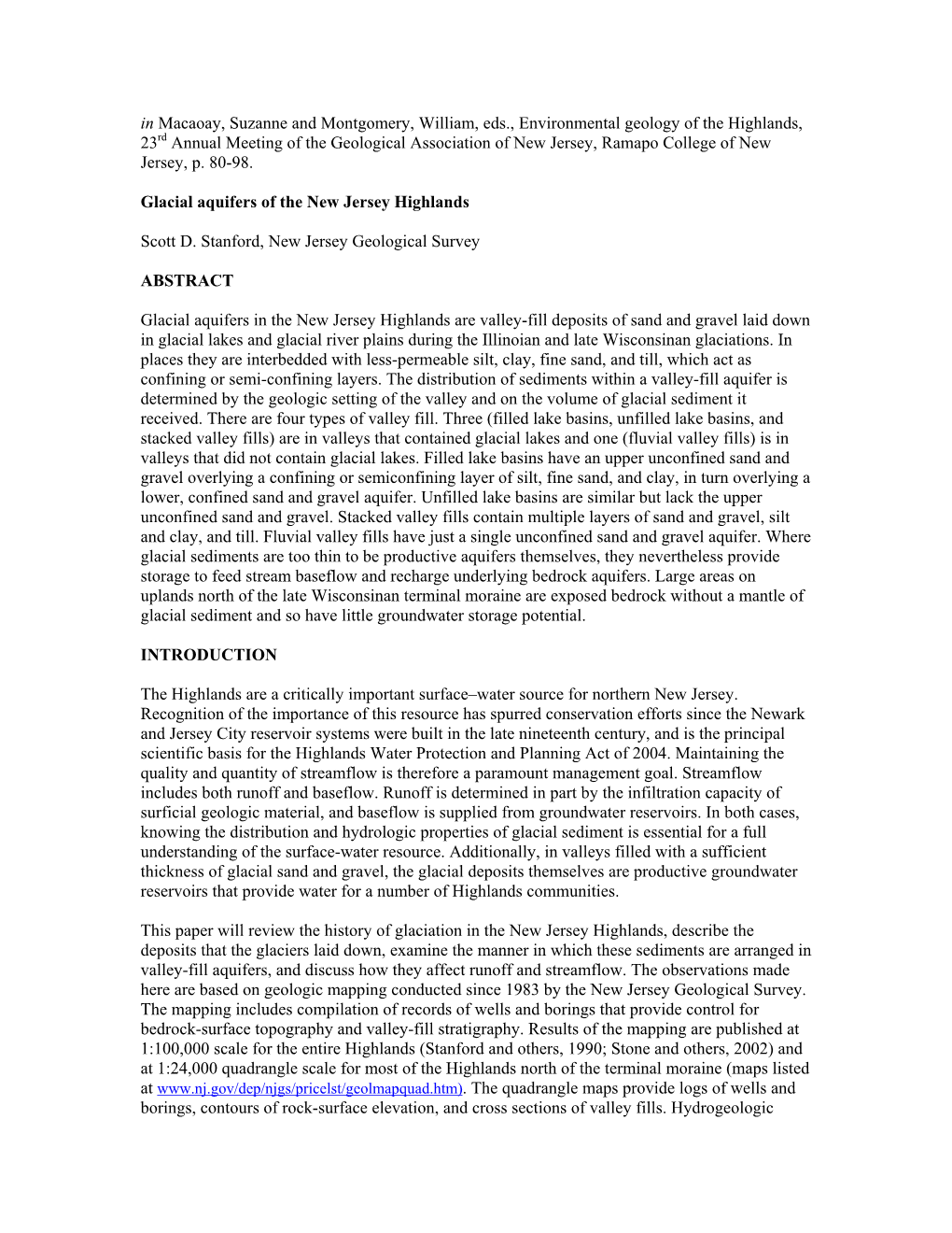 Glacial Aquifers of the New Jersey Highlands