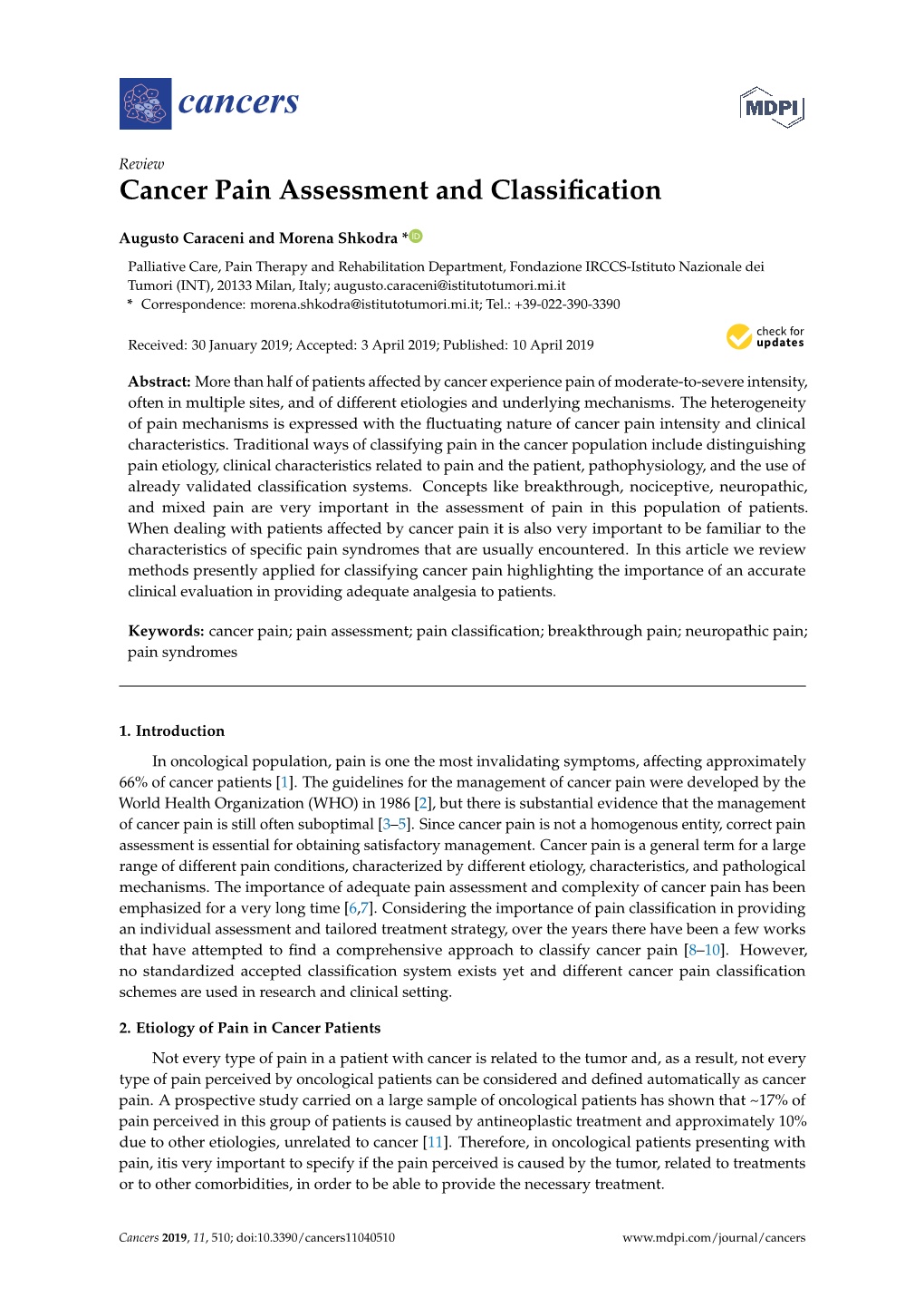 Cancer Pain Assessment and Classification