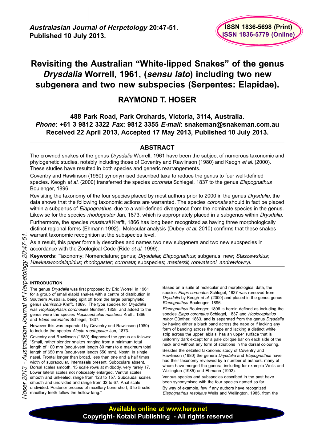 White-Lipped Snakes” of the Genus Drysdalia Worrell, 1961, (Sensu Lato) Including Two New Subgenera and Two New Subspecies (Serpentes: Elapidae)