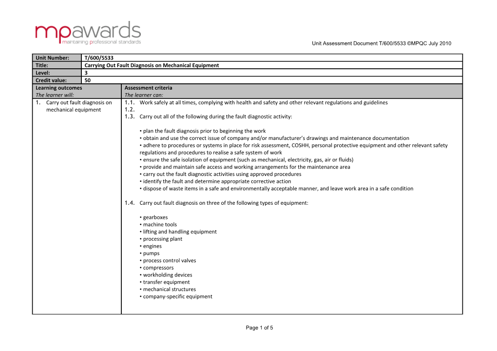 Unit Assessment Document T/600/5533 MPQC July 2010