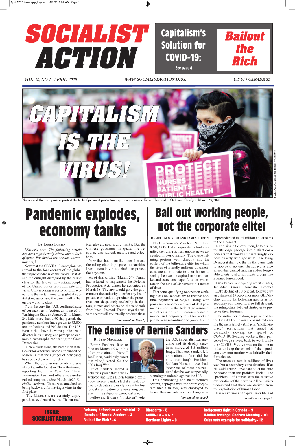 SOCIALIST ACTION Bailout the Rich? -4 Northern Lights - 8 Cuba Sets Example for Solidarity- 12 April 2020 Issue.Qxp Layout 1 4/1/20 7:59 AM Page 2