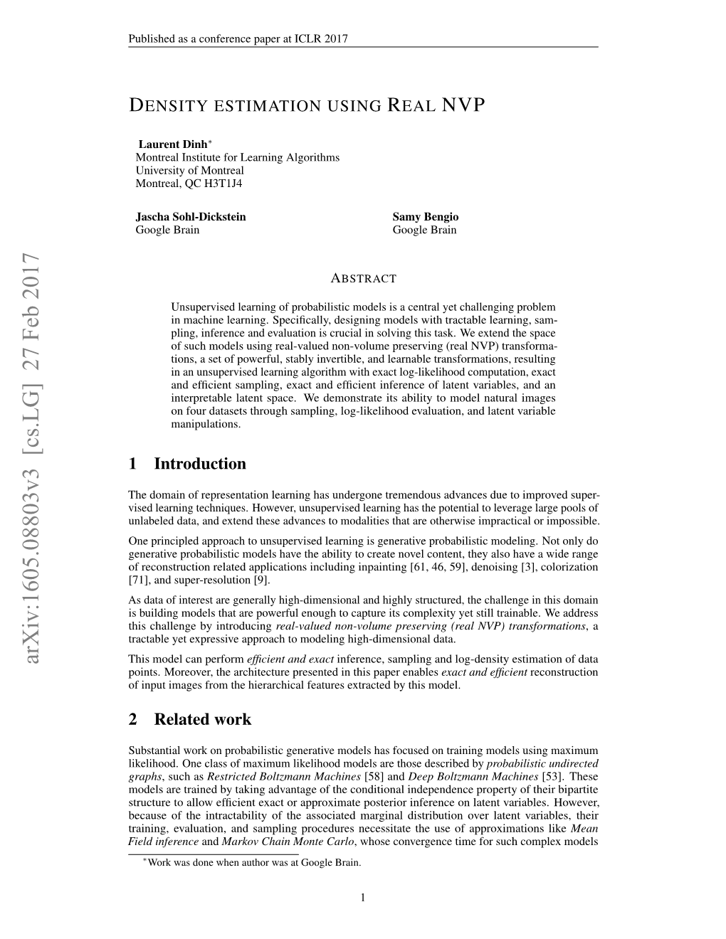 Arxiv:1605.08803V3 [Cs.LG] 27 Feb 2017 This Model Can Perform Efﬁcient and Exact Inference, Sampling and Log-Density Estimation of Data Points