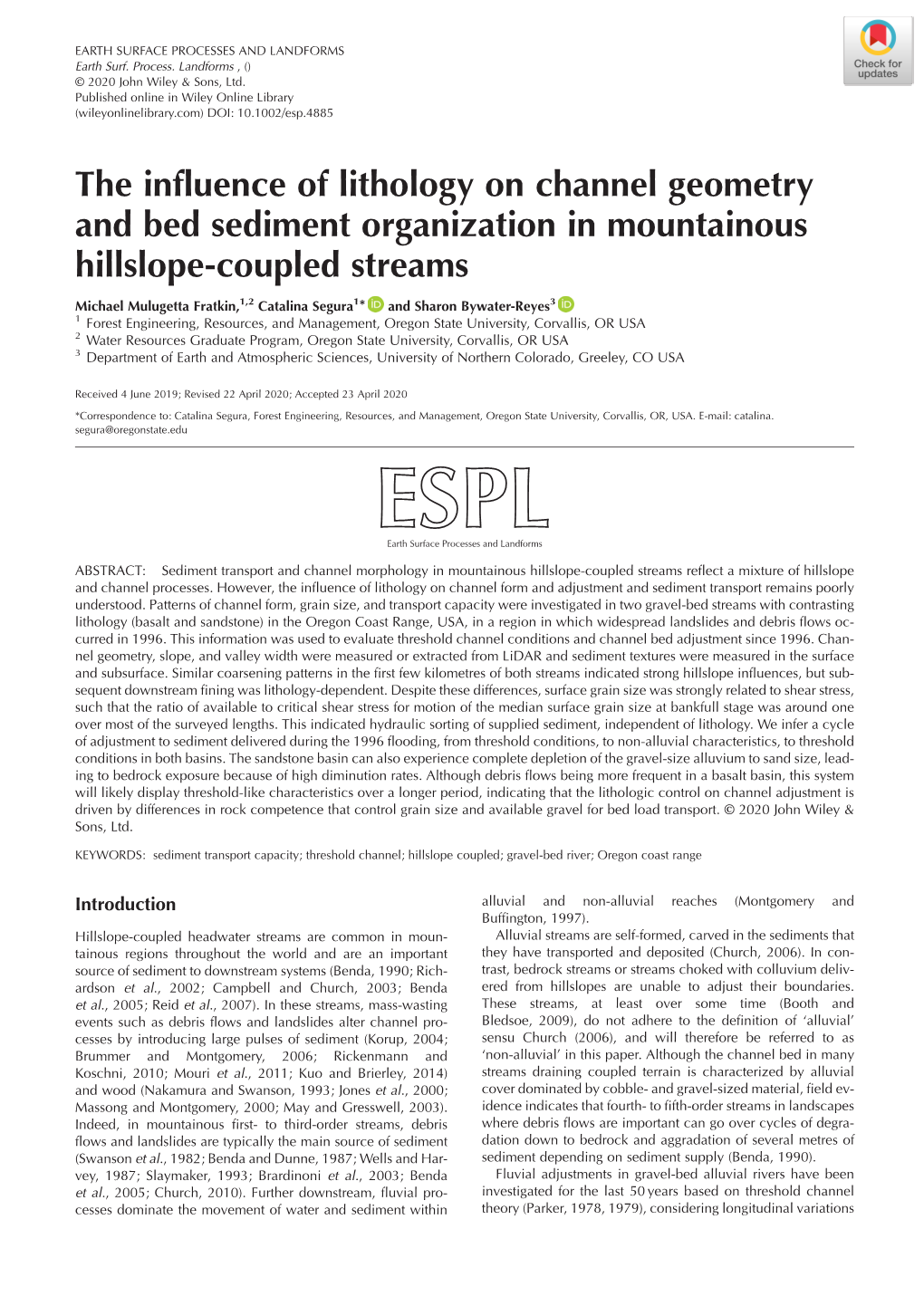 The Influence of Lithology on Channel Geometry and Bed Sediment Organization in Mountainous Hillslope-Coupled Streams