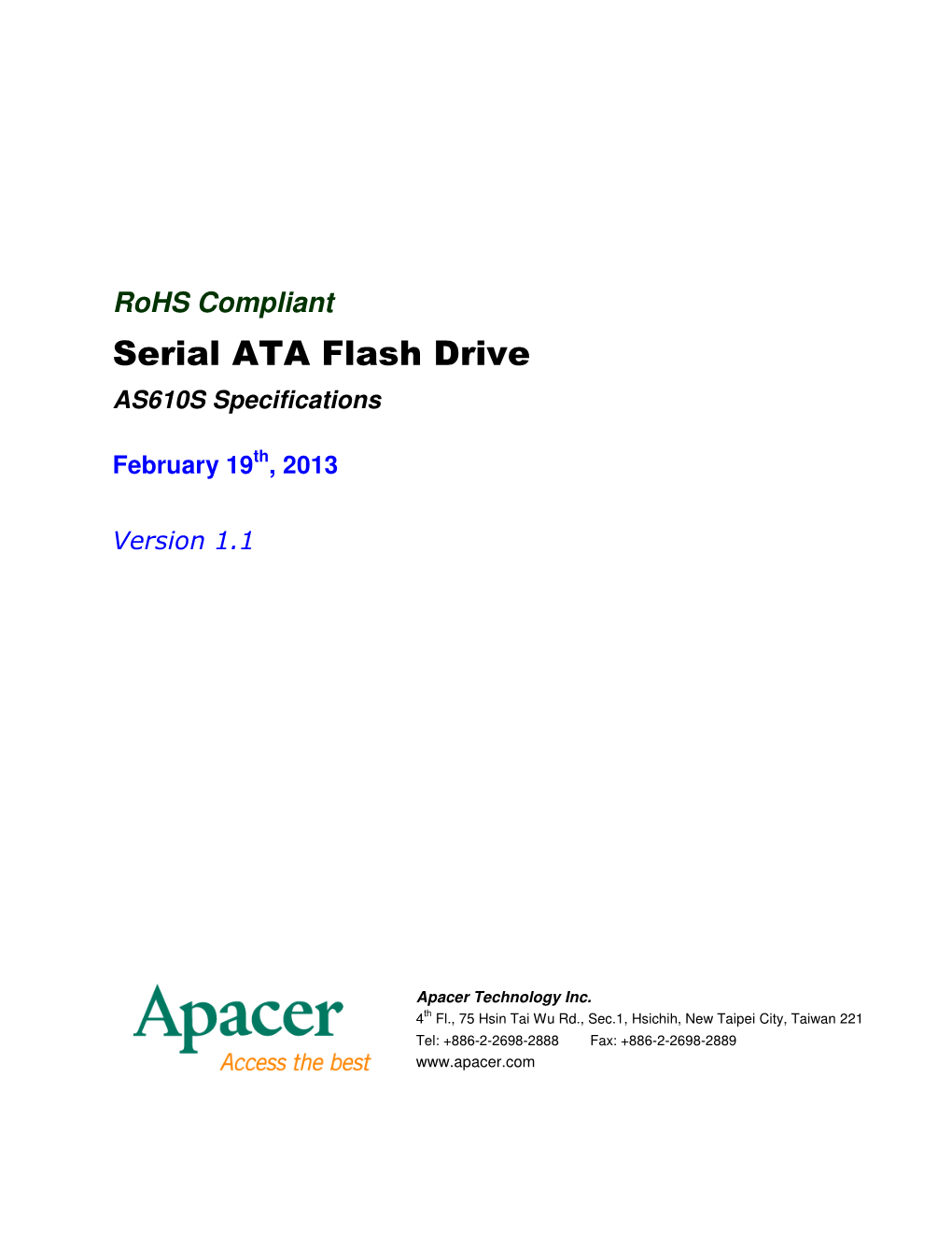 Serial ATA Flash Drive AS610S Specifications