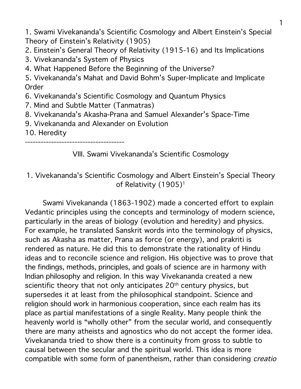 1 1. Swami Vivekananda's Scientific Cosmology and Albert Einstein's Special Theory of Einstein's Relativity