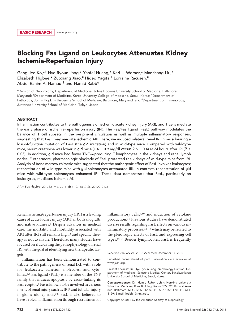 Blocking Fas Ligand on Leukocytes Attenuates Kidney Ischemia-Reperfusion Injury